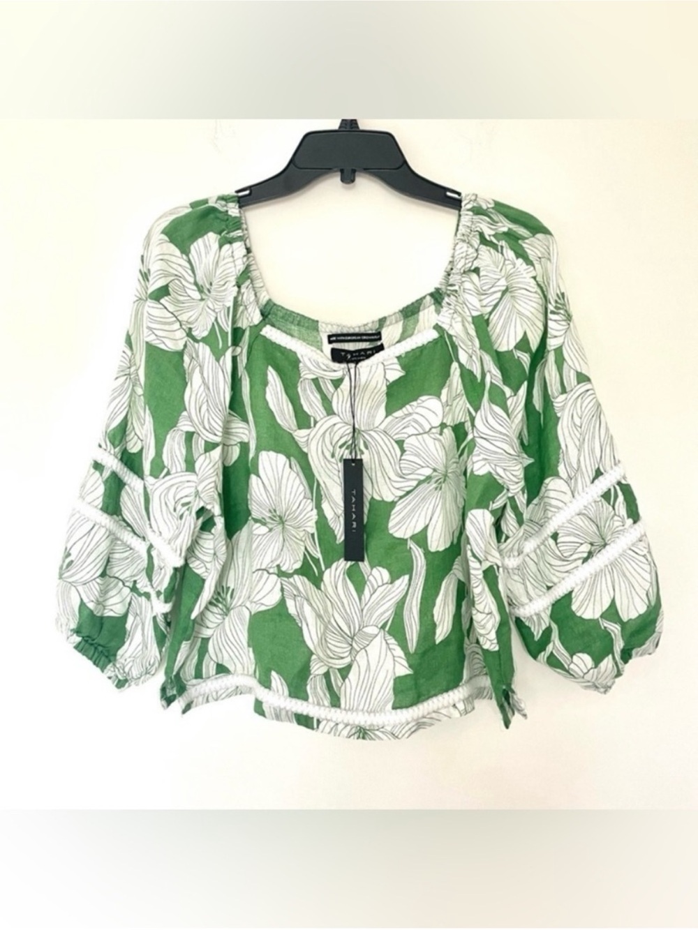 New TAHARI 100% Linen Floral Botanical Print Boho Lagenlook Blouse Shirt Top